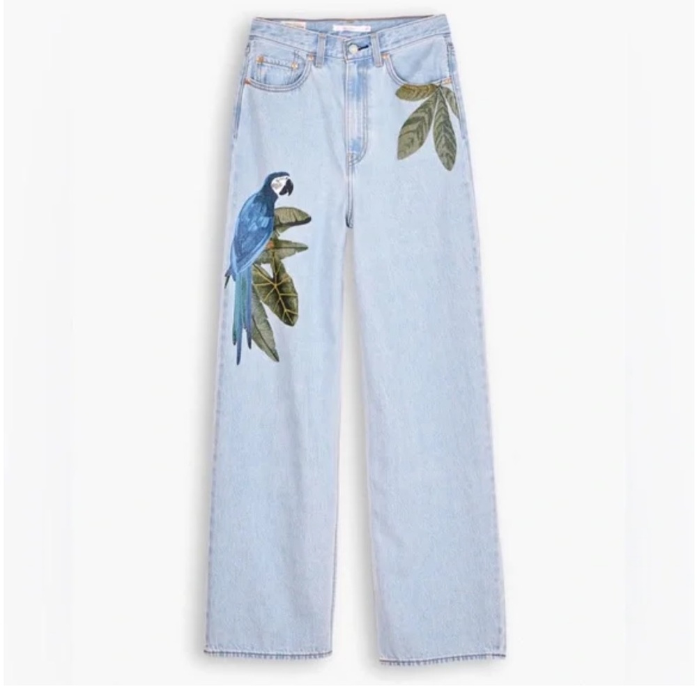 FARM Rio Light Blue Jeans with Parrot and Leaf Design